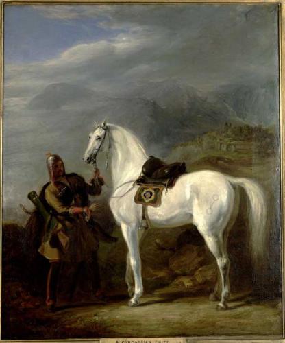 A Circassian Chief Preparing his Stallion with an Extensive Mountainous Landscape beyond