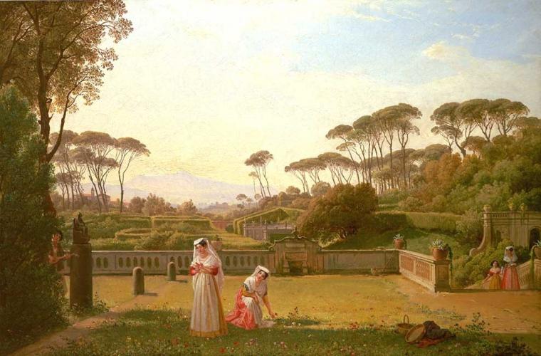Figures in the garden of the Villa Doria Pamphili in Rome, with a view of  the old church of San Pancrazio