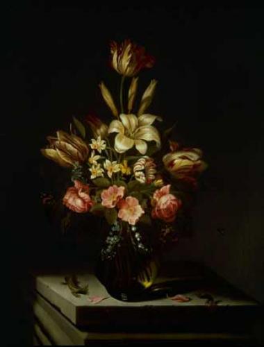 Still life of Flowers in a Glass Vase on a Stone Plinth