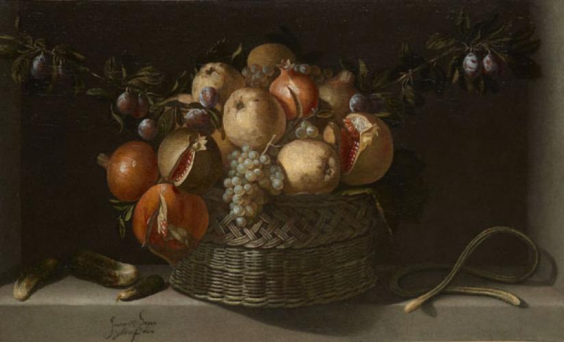Still Life with a Basket of Apples, Pomegranates and Cucumbers on a Table Top