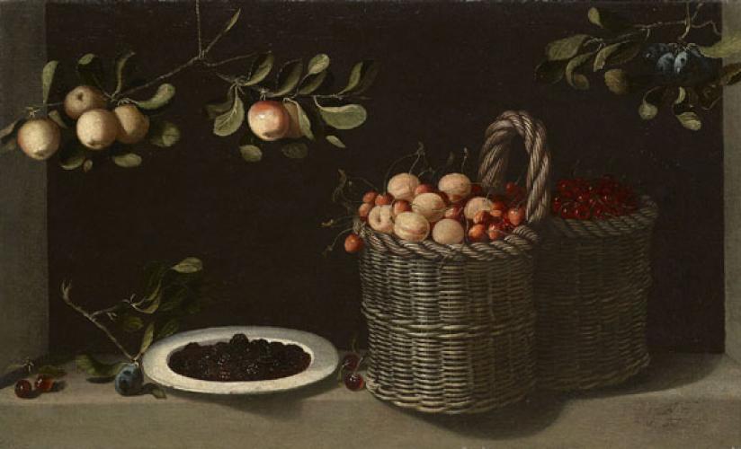 Still Life with a basket of cherries, apricots and a plate of blackberries