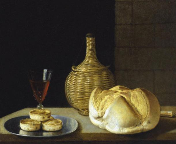 Still Life with a flagon of Wine, Glass and a Loaf and a plate
