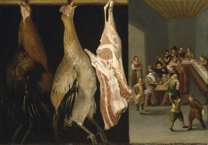 Still Life with Meat and Tavern Scene Still Life of Fruit