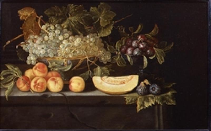 Still Life with melon and peaches and a bowl of grapes