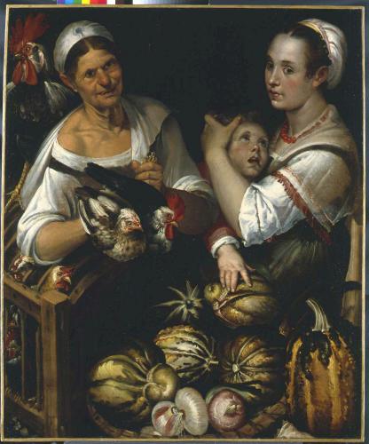 Two market woman and a boy selling poultrey, gourds and onions